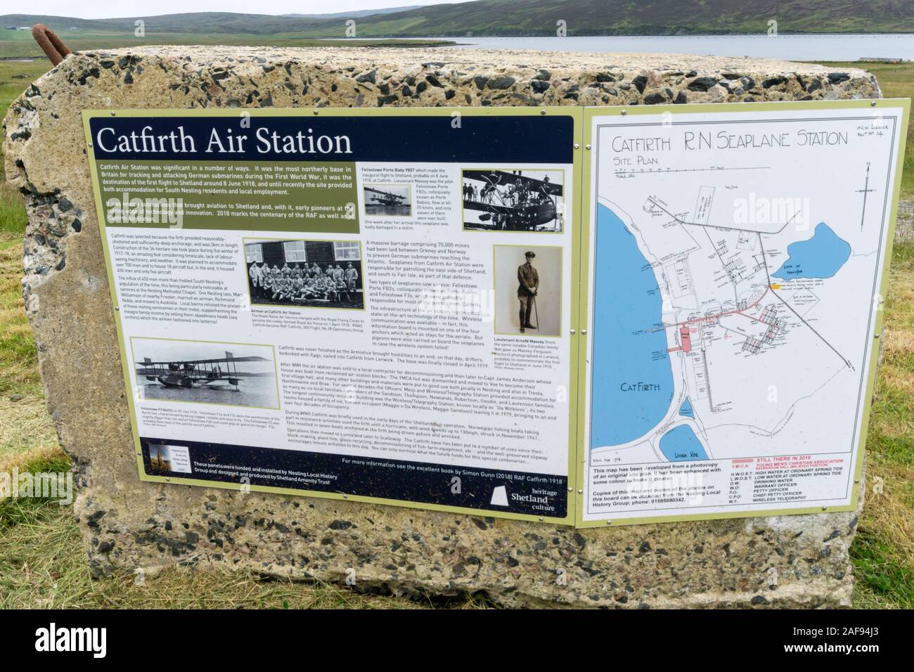 Information panel at Catfirth Airfield, a now disused remote flying boat base in Shetland opened during the First World War. Stock Photo