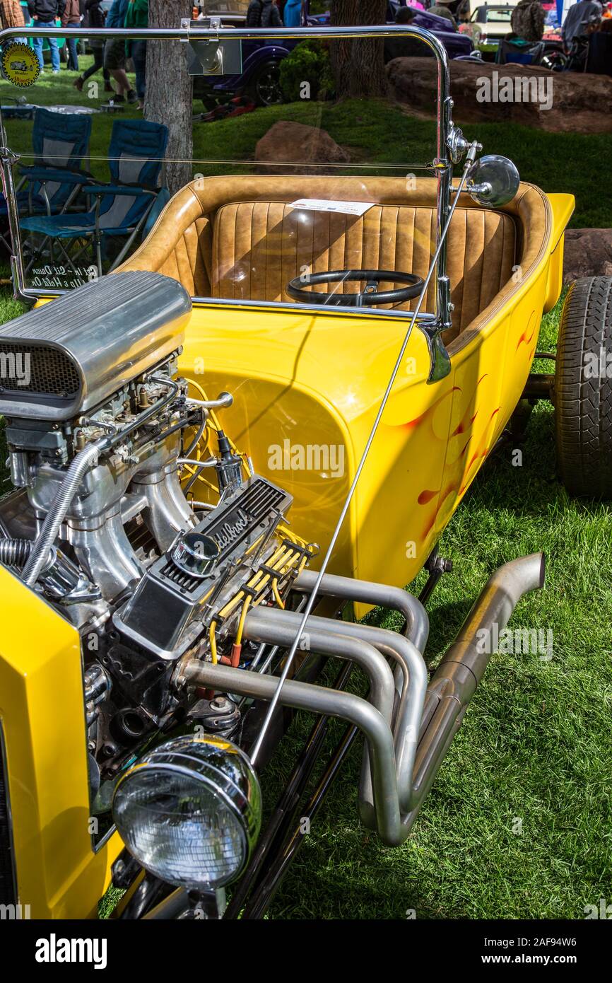 A 1923 T-bucket hot rod built on a heavily modified Ford Model T body with a supercharged engine in the Moab April Action Car Show in Moab, Utah. Stock Photo