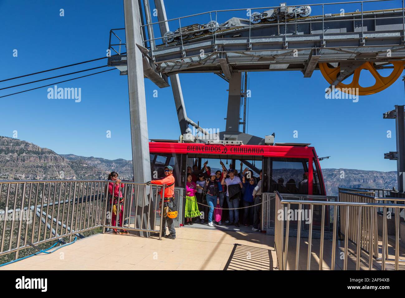 Divisadero, Copper Canyon, Chihuahua, Mexico.  Passengers Awaiting Departure of Aerial Gondola. Stock Photo