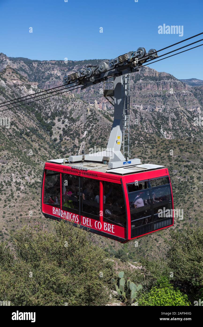 Divisadero, Copper Canyon, Chihuahua, Mexico.  Aerial Gondola en Route over Copper Canyon. Stock Photo