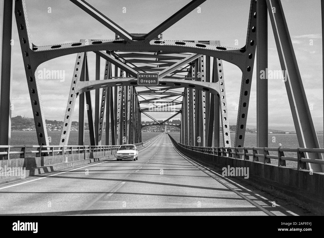 Archival black and white view driving across the Astoria bridge between Washington and Oregon.  Photo taken in May 1992. Stock Photo