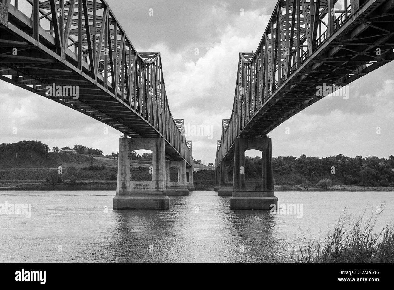 Archival black and white view on the Natchez Mississippi river bridges.  Photo taken in May 1996. Stock Photo