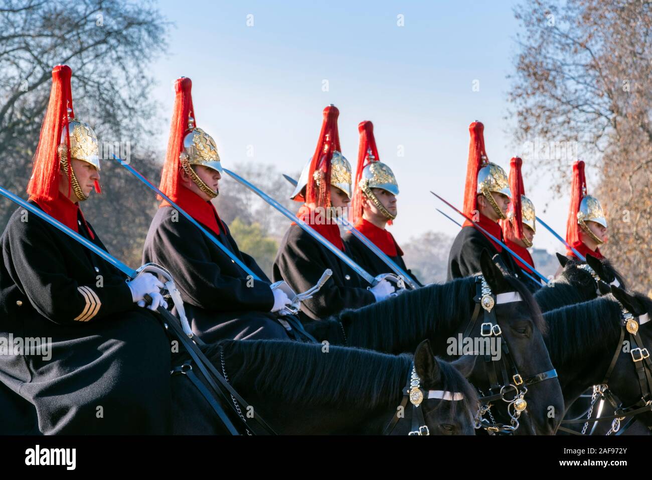 Soldiers of the Queen's horse guard, Blues and Royals regiment at the Changing of the Guard ceremony on Horse Guards, near Buckingham Palace, London Stock Photo