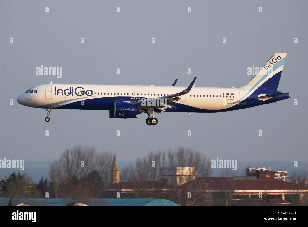 Istanbul / Turkey - March 27, 2019: IndiGo Airbus A321 NEO VT-IUA passenger plane arrival and landing at Istanbul Ataturk Airport Stock Photo