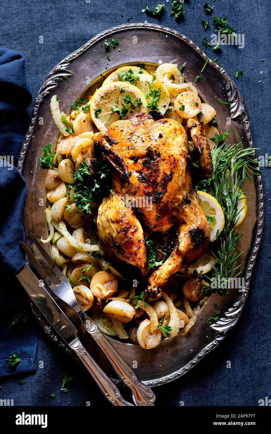 Roast Chicken Dinner with Grilled Brussels Sprouts with Chanterelles