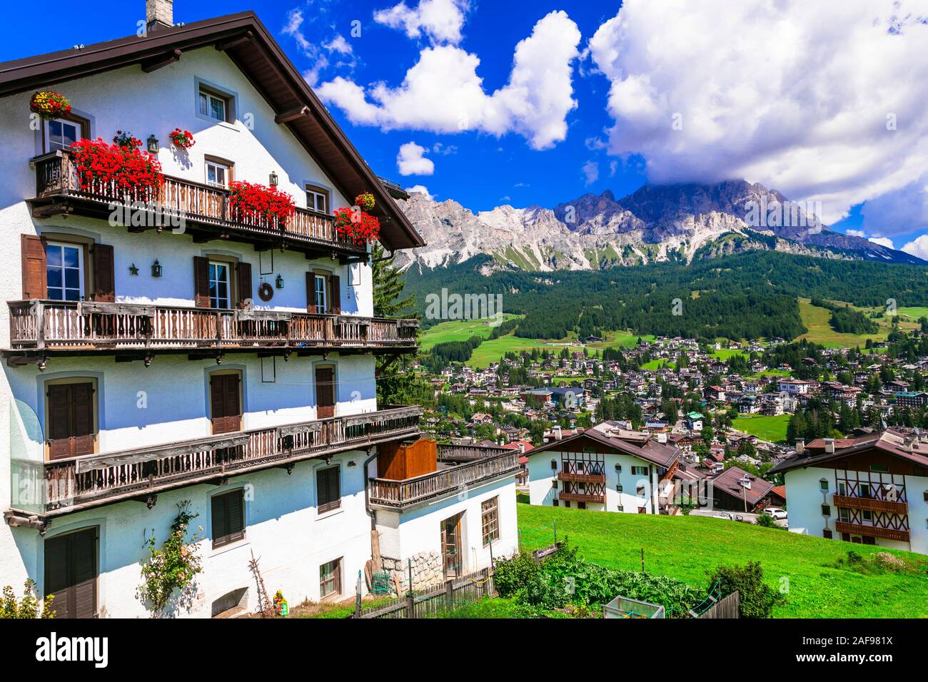 Beautiful Cortina d’Ampezzo village,panoramic view,Veneto region,Italy. Stock Photo