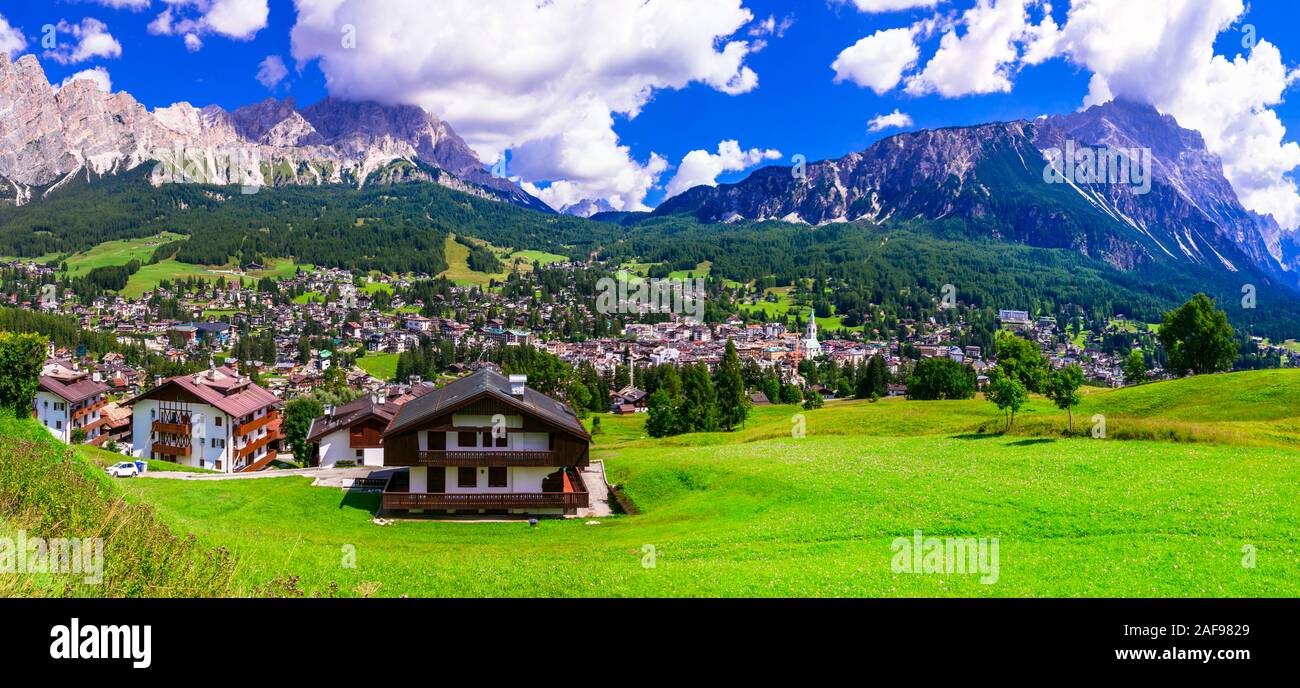 Luxury hotel in Cortina d’Ampezzo village,view with mountains,Veneto,Italy. Stock Photo