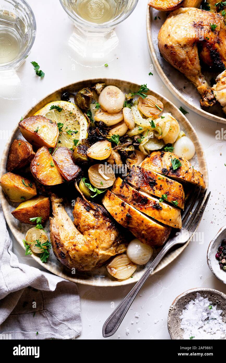 Roast Chicken Dinner with Grilled Brussels Sprouts with Chanterelles