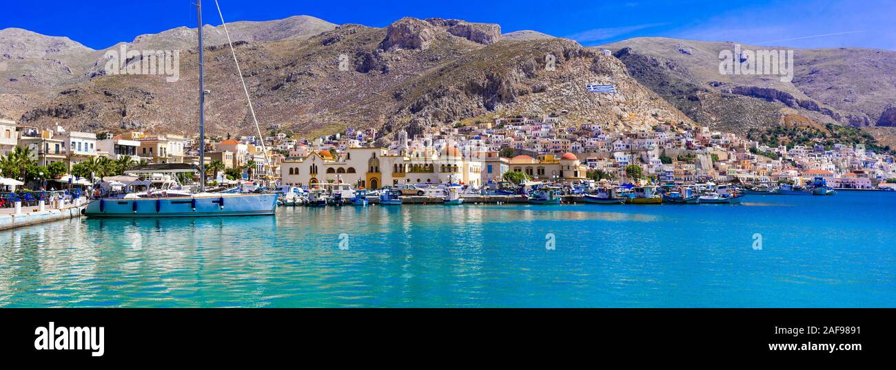 Traditional colorful houses,sea and mountains in Kalymnos island,Greece. Stock Photo