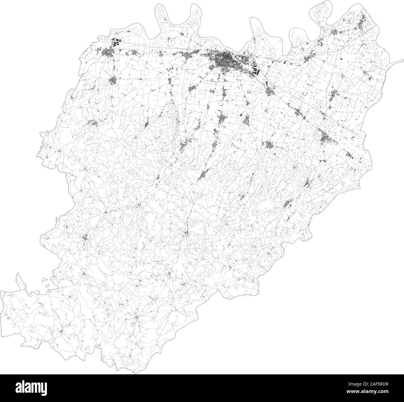 Satellite map of Province of Piacenza towns and roads, buildings and connecting roads of surrounding areas. Emilia-Romagna region, Italy. Map streets Stock Vector