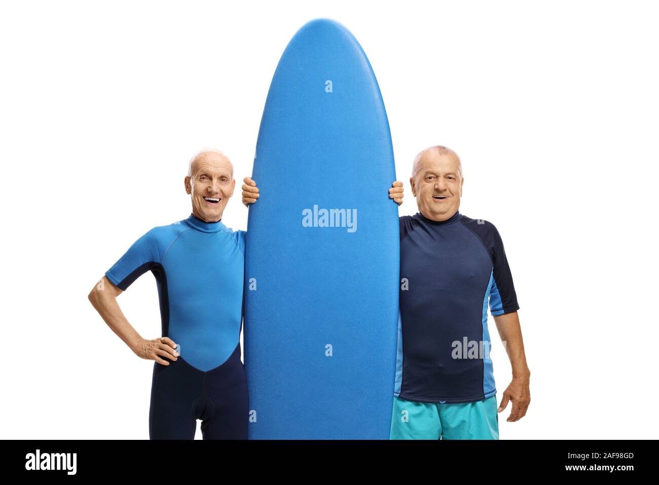 Elderly men with a surfboard isolated on white background Stock Photo
