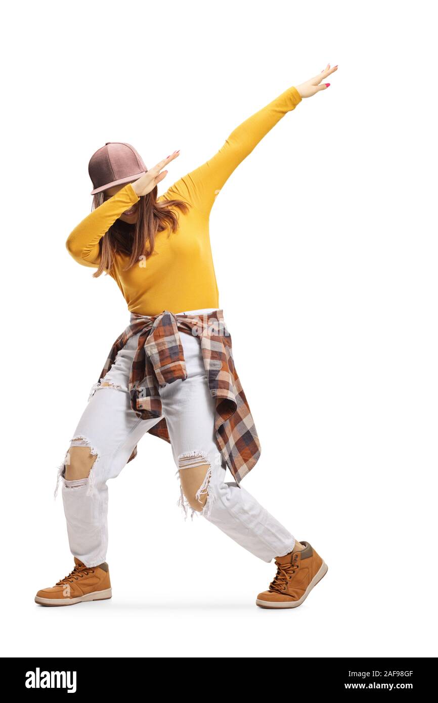 Female trendy teenager dabbing isolated on white background Stock Photo