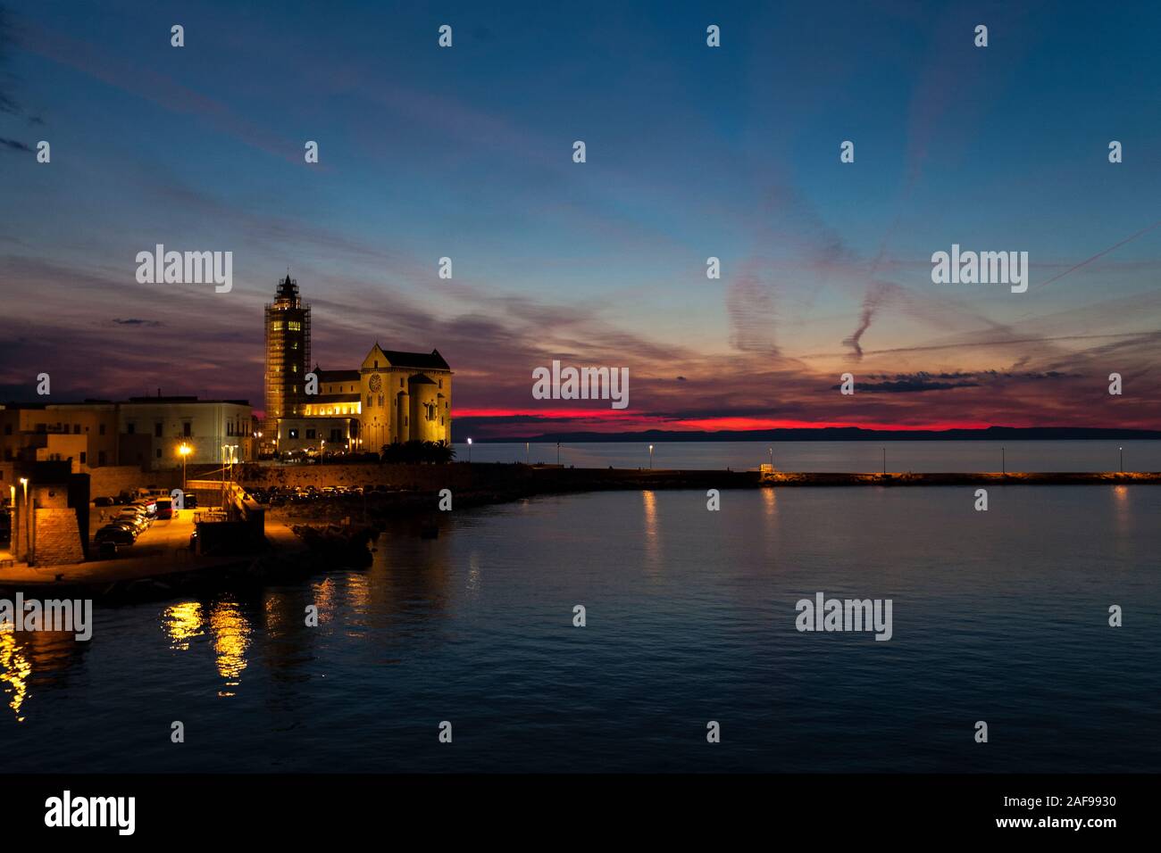 Sunset in the harbour of Trani, Bari, Apulia, Puglia, South of Italy Stock Photo