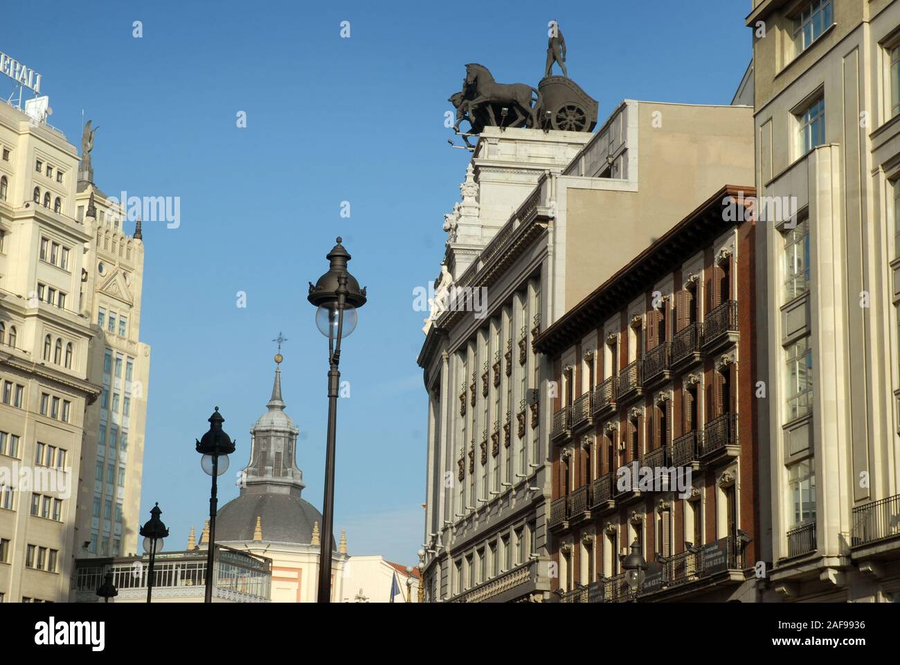 Facades of houses and apartments in the winter sun, Madrid, Spain Stock Photo