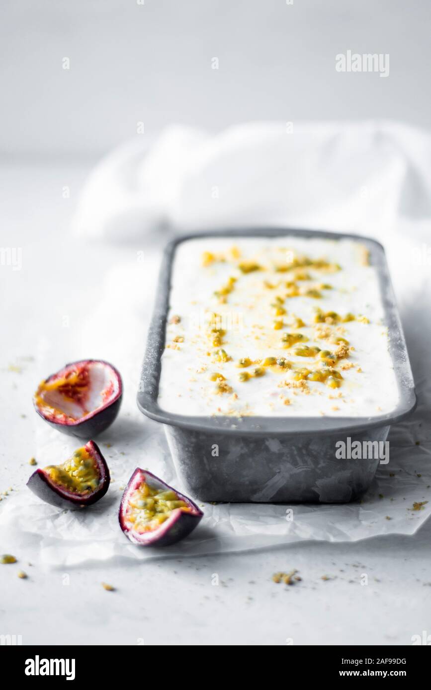 Mango Passion Fruit And Papaya Tropical Cheesecake Ice Cream Stock Photo Alamy