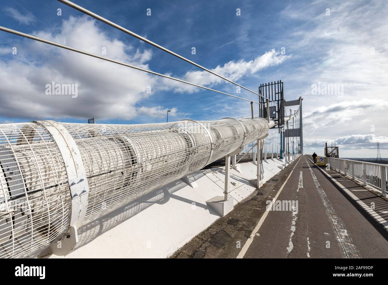 Protection around suspension cables, Severn Crossing old bridge, South Wales, UK Stock Photo