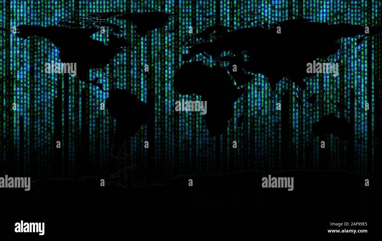 Global map with binary matrix background. Falling sign on dark backdrop. Global abstract data concept. Blue and green futuristic cyberspace Stock Photo