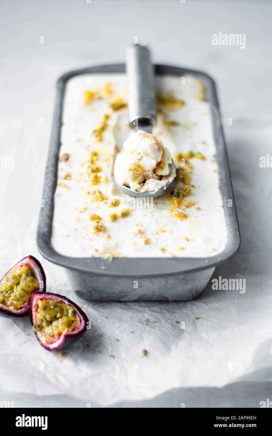 Mango Passion Fruit And Papaya Tropical Cheesecake Ice Cream Stock Photo Alamy