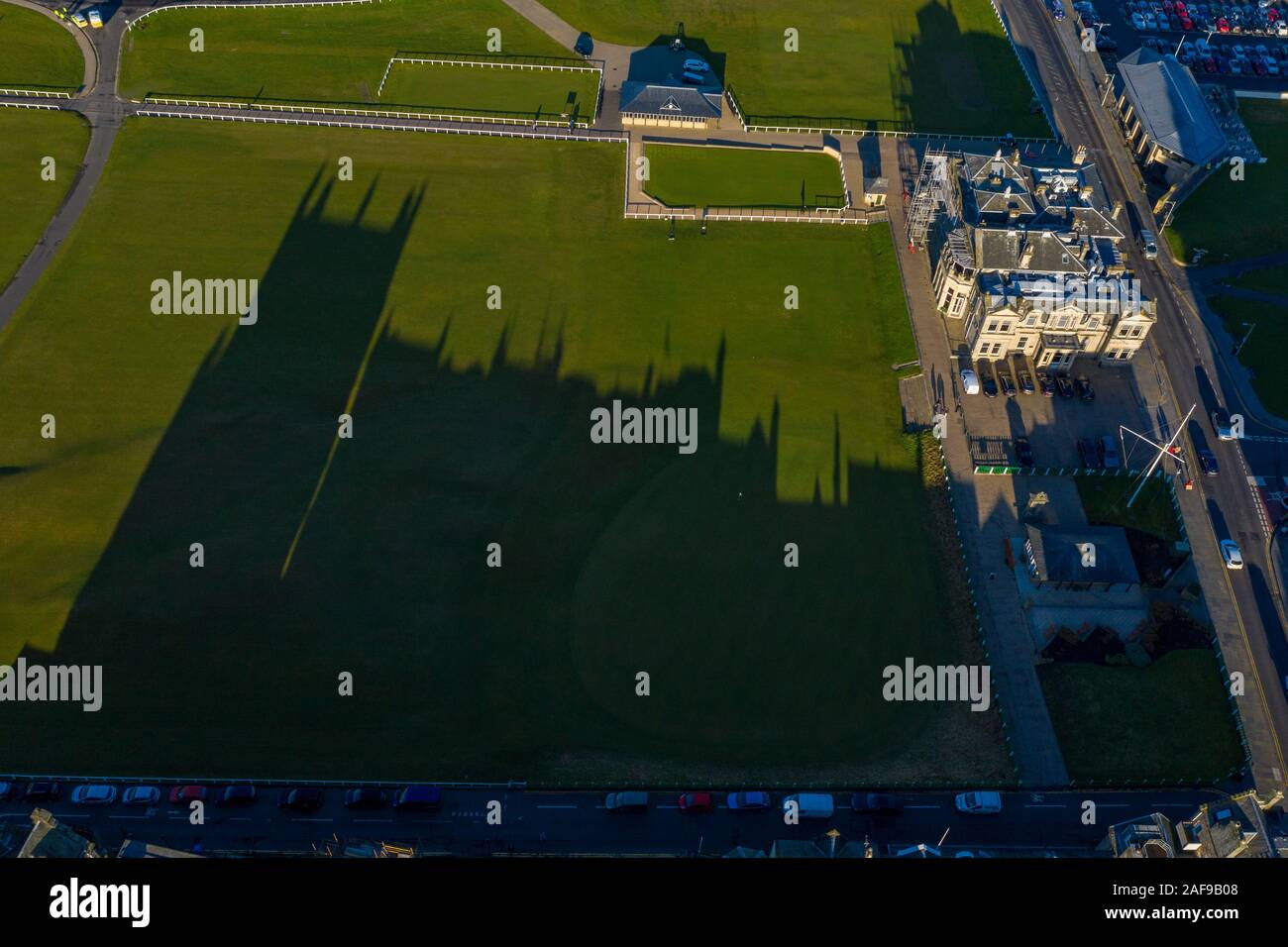 Shadows on the 18th and 1st holes of the Old Course, St Andrews, Scotland. Stock Photo
