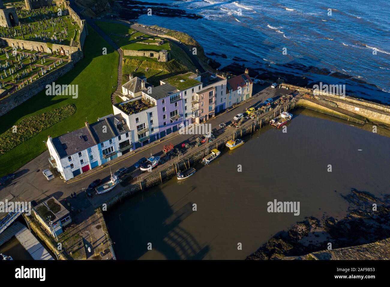 Aerial photo of St Andrews harbour, Scotland. Sunny way in winter. Stock Photo