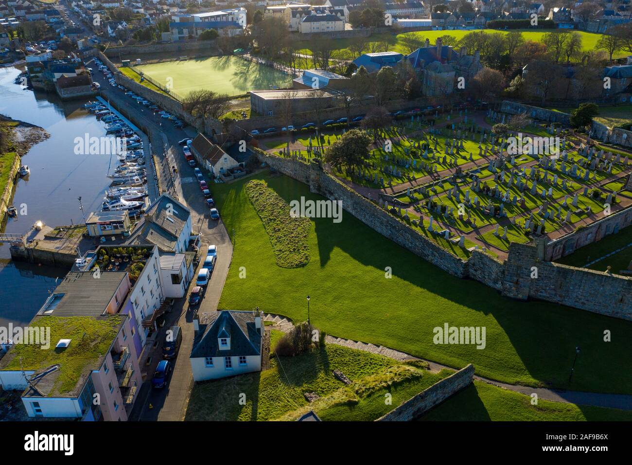 Aerial photo of St Andrews harbour, Scotland. Sunny way in winter. Stock Photo