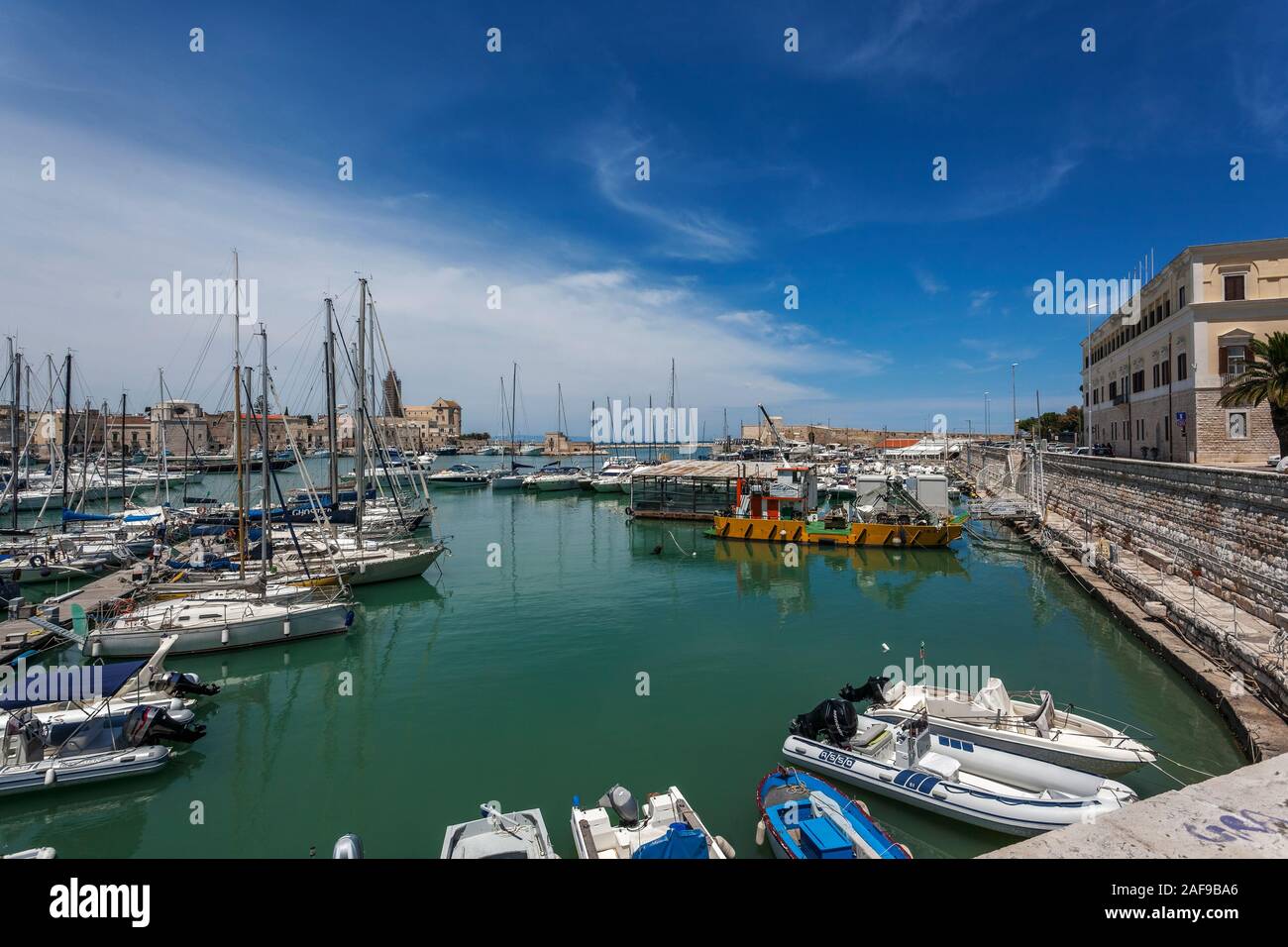 Fishing Boats and Trawlers in the Port of Trani, Bari, Apulia, Puglia, South of Italy Stock Photo