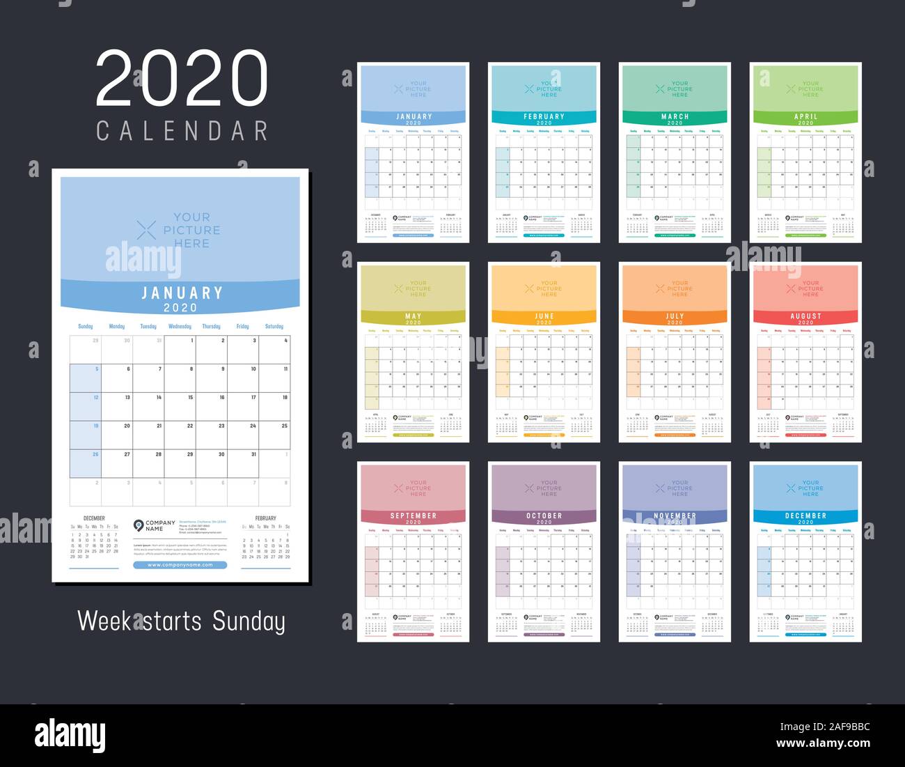 Year 2020 colorful calendar. Monthly one page wall agenda. Week starts Sunday. Vector template. Stock Vector