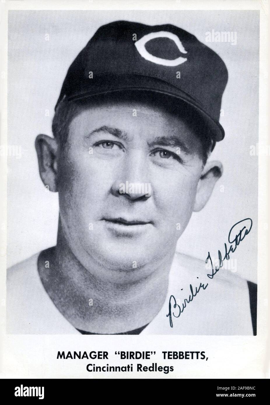 Vintage autographed black and white souvenir photo of manager Birdie Tebbetts with the  Cincinnati Reds. Stock Photo
