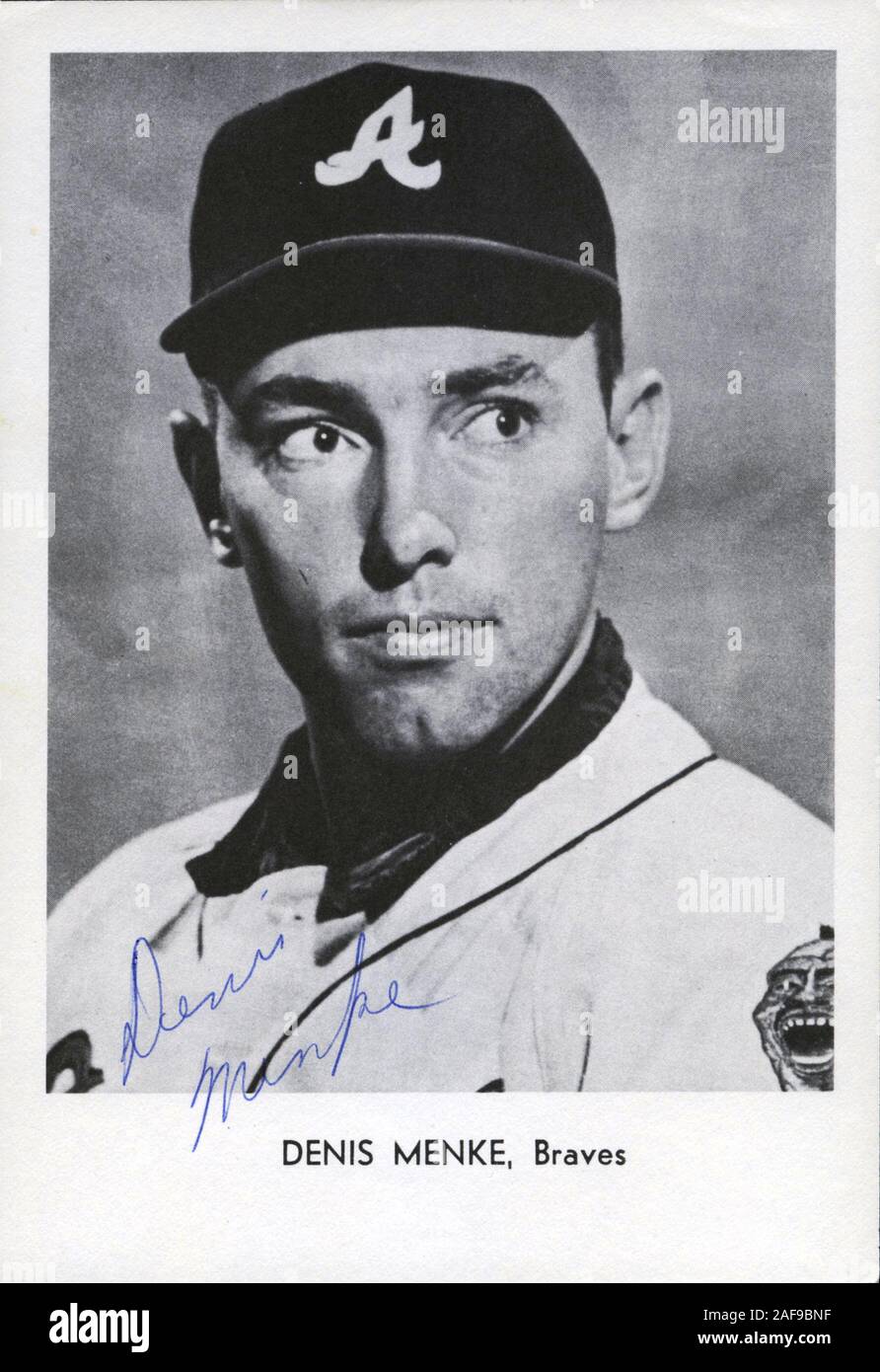Vintage autographed black and white souvenir photo of Dennis Menke with the Atlanta Braves circa 1960's. Stock Photo