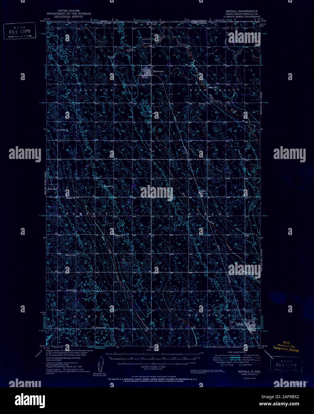 USGS TOPO Map North Dakota ND Mohall 285351 1950 62500 Inverted Restoration Stock Photo