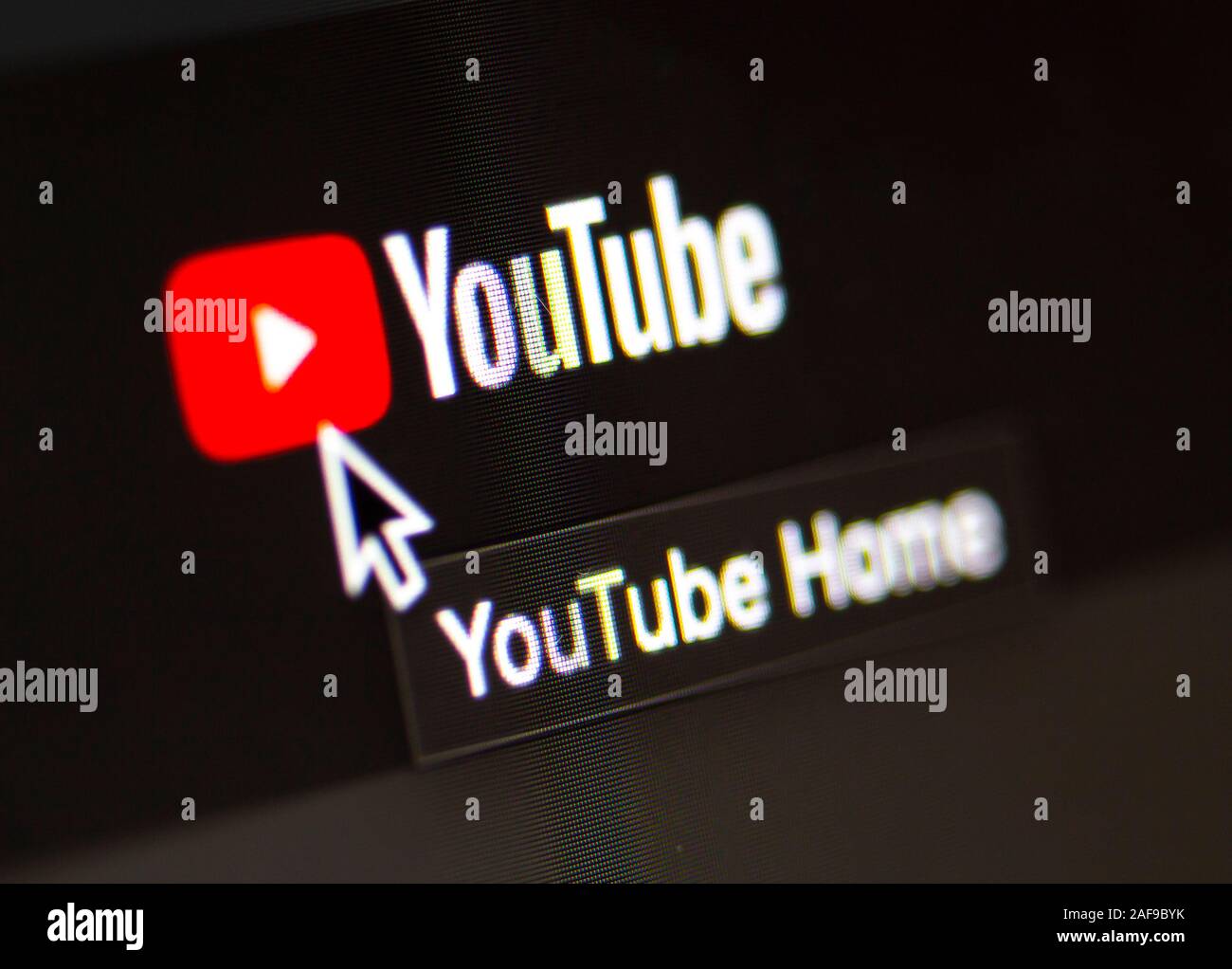 Calgary, Alberta. Canada Dec 13, 2019. Close up of the Youtube home bottom. Youtube surprises creators and gets complains about content being not allo Stock Photo
