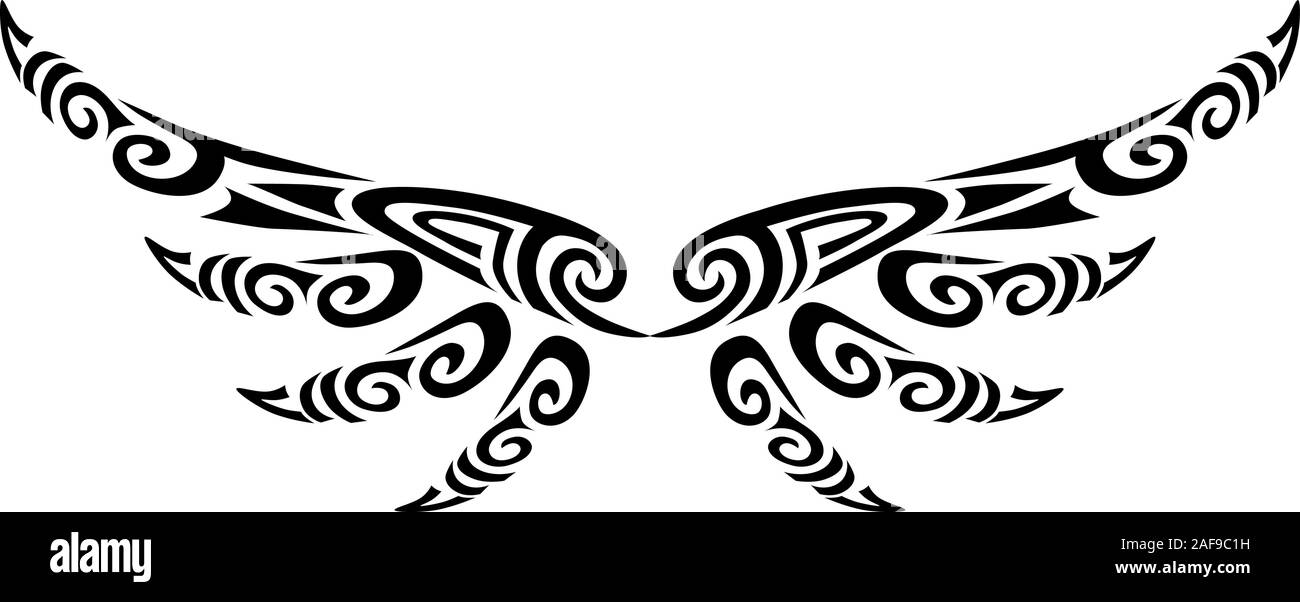 Angel wings flying tattoo tribal stylised maori koru design ideal for tattoo design - easy color change Stock Vector