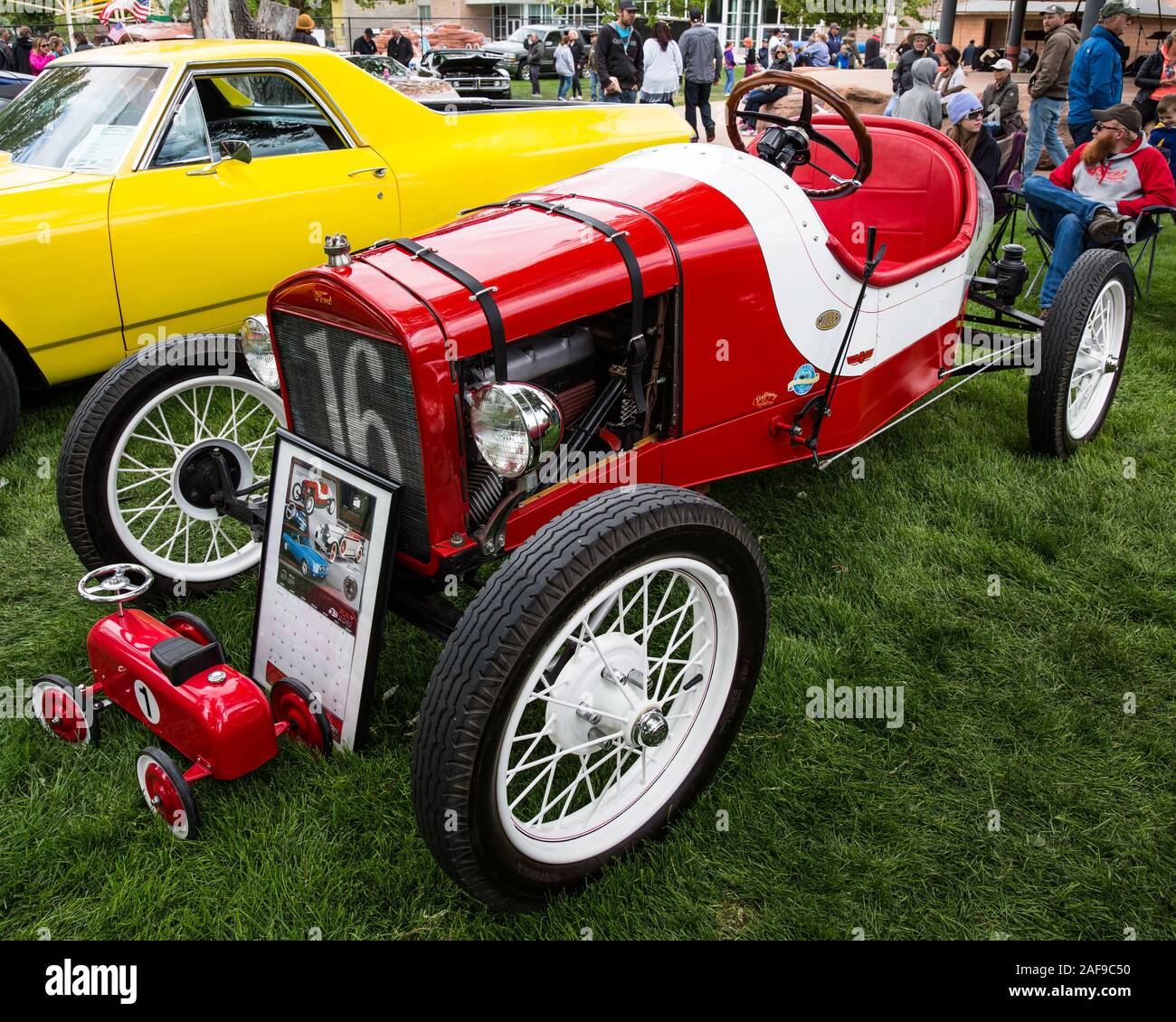 A restored stock Ford 1916 Model T Indianapolis 500 racer in the Moab April Action Car Show in Moab, Utah. Stock Photo