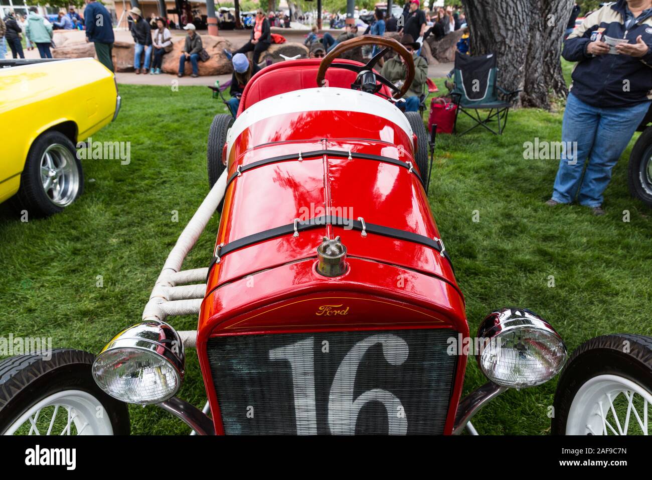 A restored stock Ford 1916 Model T Indianapolis 500 racer in the Moab April Action Car Show in Moab, Utah. Stock Photo