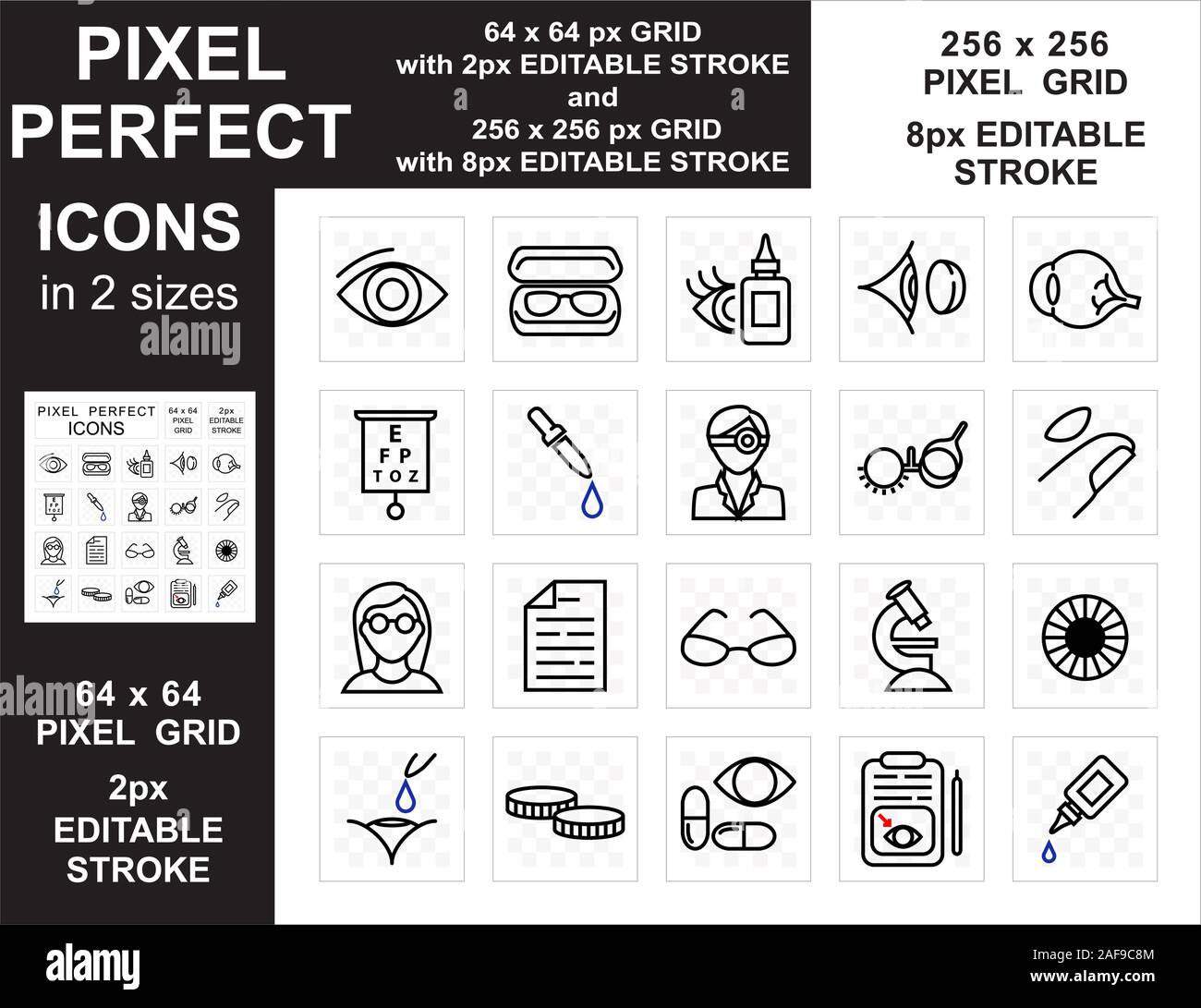 Optometry pixel perfect icon set with eye test and spectacles concept concept in 2 sizes 64 x 64 px and 256 x 256 px vector Stock Vector