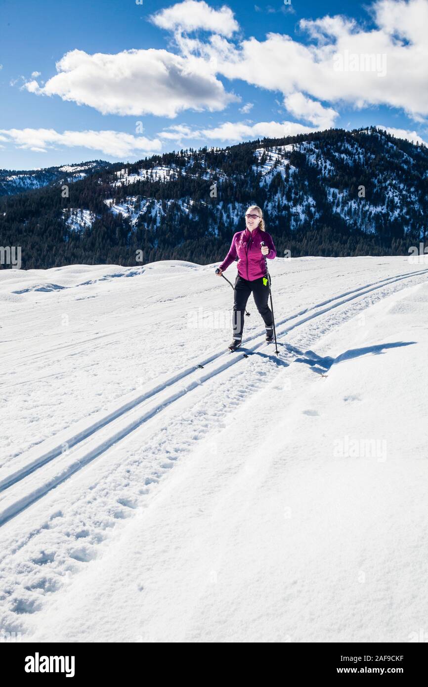 A woman cross country skiing on the trails near Sun Mountain Lodge in the Methow Valley, Washington State, USA. Stock Photo