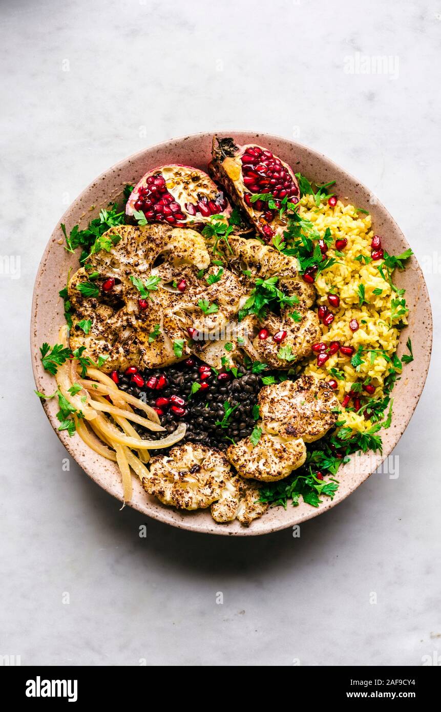 Moroccan Roasted Cauliflower Steaks with Saffron Rice Stock Photo Alamy