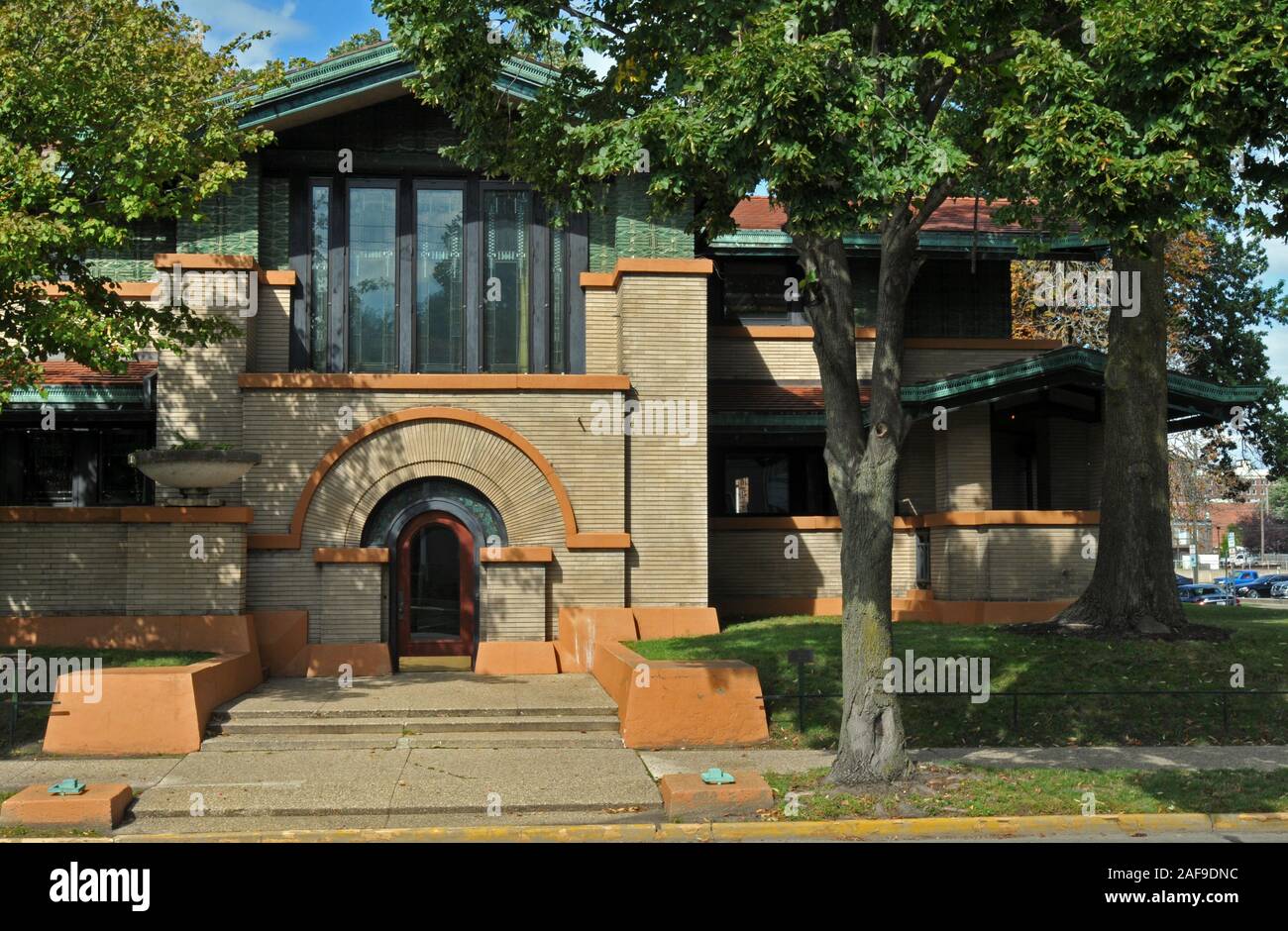 Designed by architect Frank Lloyd Wright in 1902 in the Prairie style, the Dana–Thomas House in Springfield, IL is open for public tours. Stock Photo