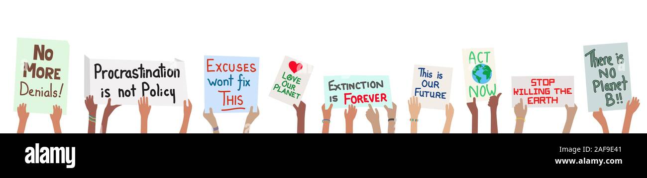 Banner of school children holding climate change protest signs in hands - vector grouped easy to edit Stock Vector