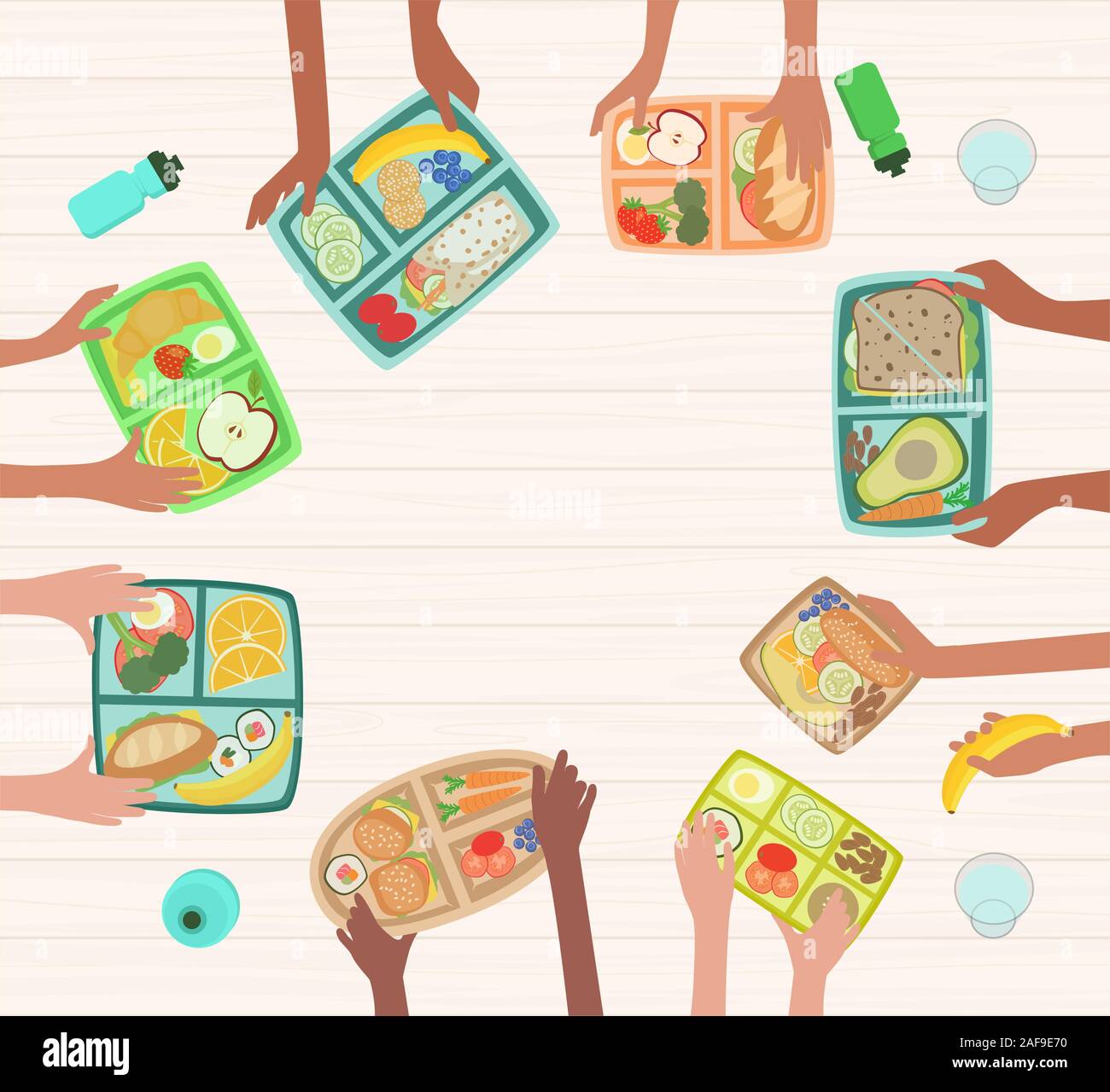 Children hands holding lunch boxes on table with healthy lunches food nutrition in school concept with lunchboxes Stock Vector