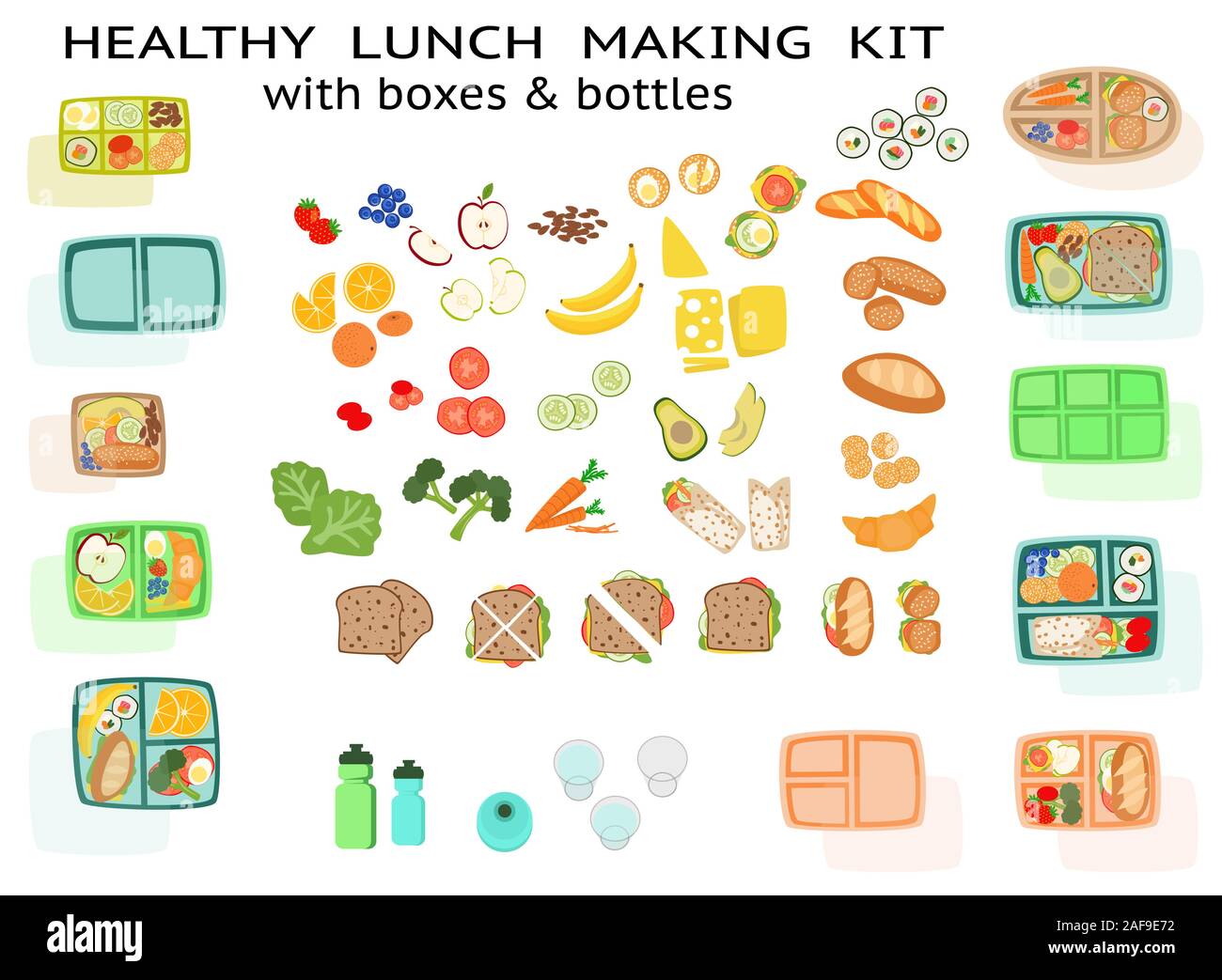Lunch making Kit with healthy sandwich food fruit vegetables and boxes homemade school lunchbox concept Stock Vector