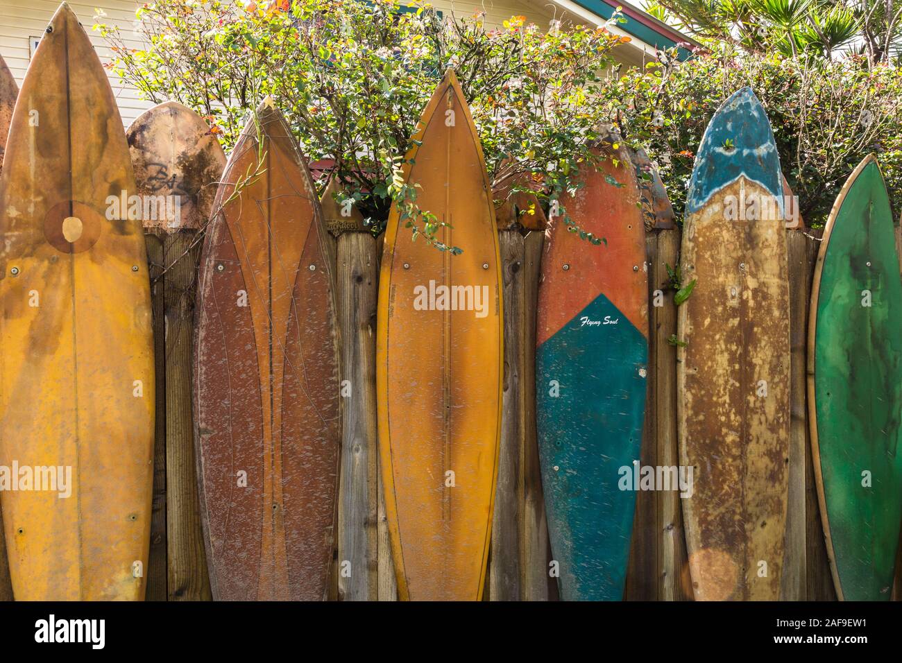 A fence made of old surfboards at a house in Hanalei, Kauai, Hawaii