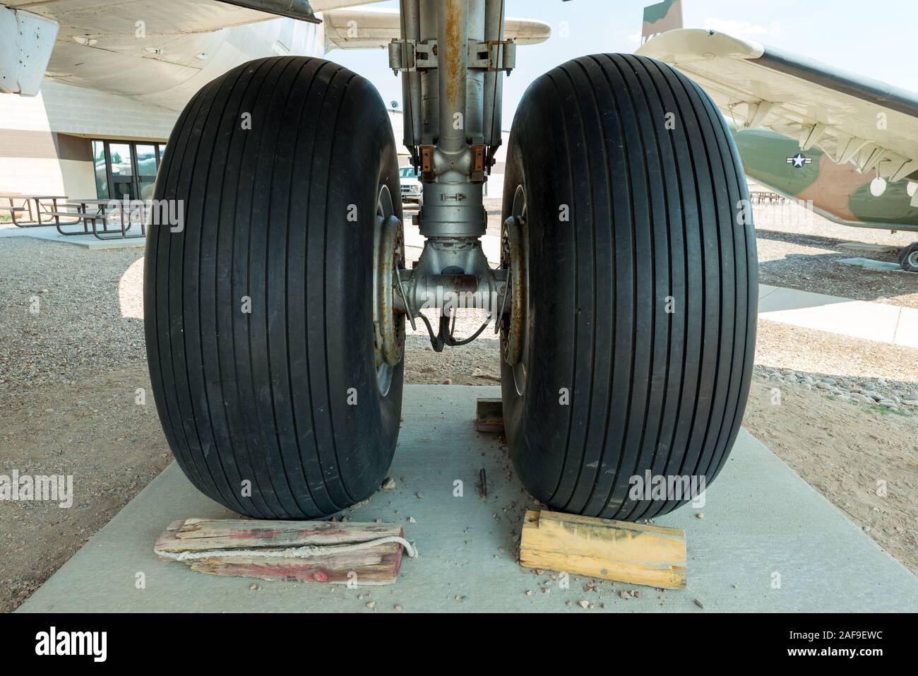 Blocked Tires on Airplane Landing Gear Stock Photo