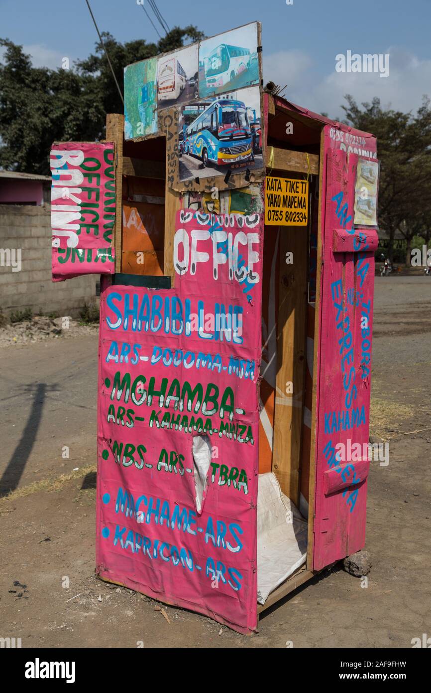Arusha Region, Northern Tanzania.  Bus Ticket Kiosk in a Village outside Arusha. Stock Photo