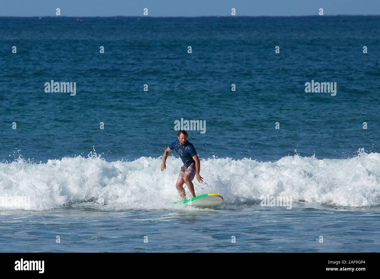 A tourist catches a wave surfing in Hanalei Bay, Kauai, Hawaii Stock Photo Alamy