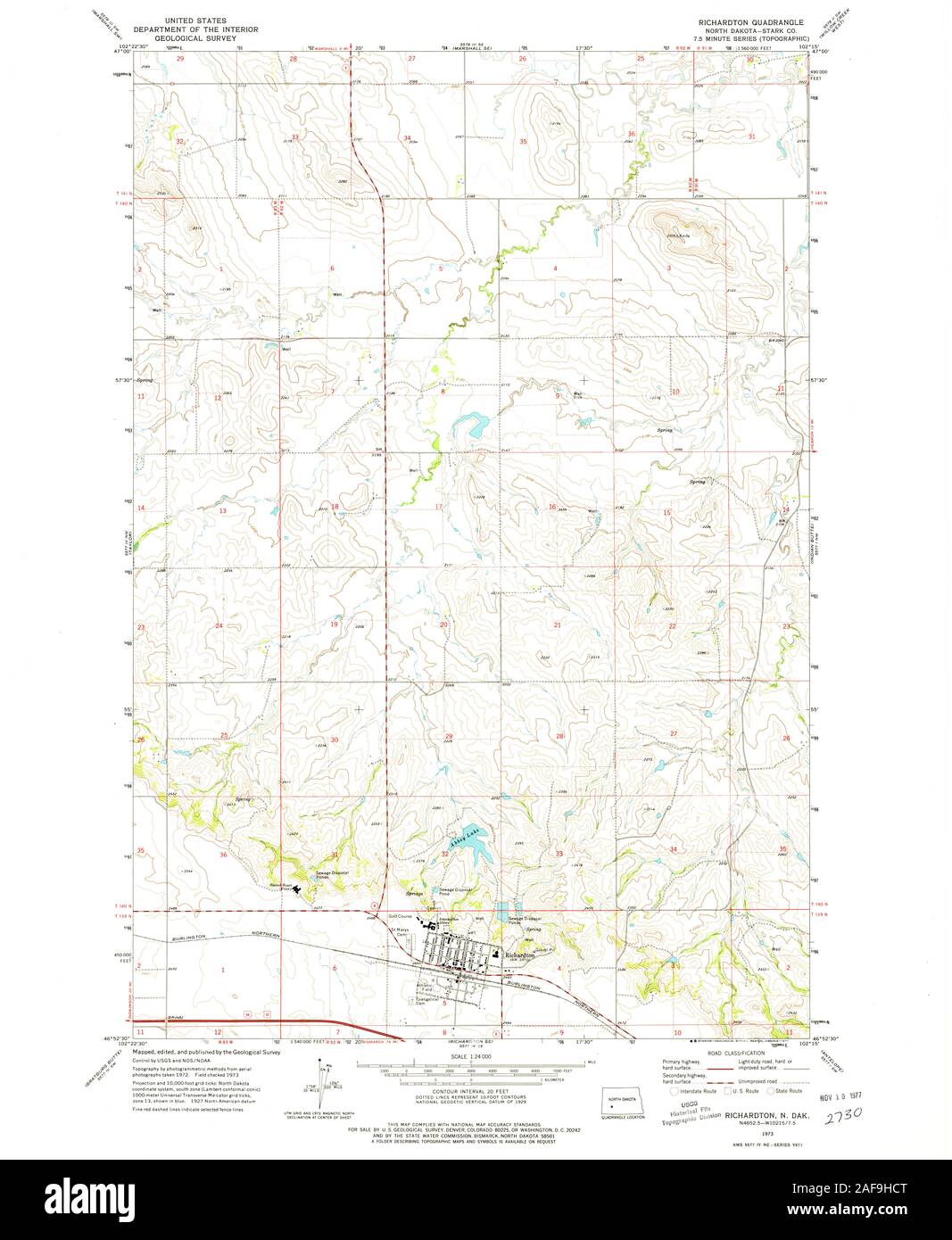 USGS TOPO Map North Dakota ND Richardton 284812 1973 24000 Restoration Stock Photo
