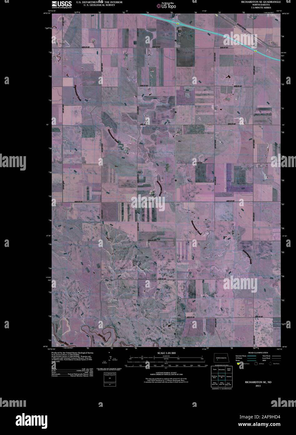 USGS TOPO Map North Dakota ND Richardton SE 20110321 TM Inverted Restoration Stock Photo