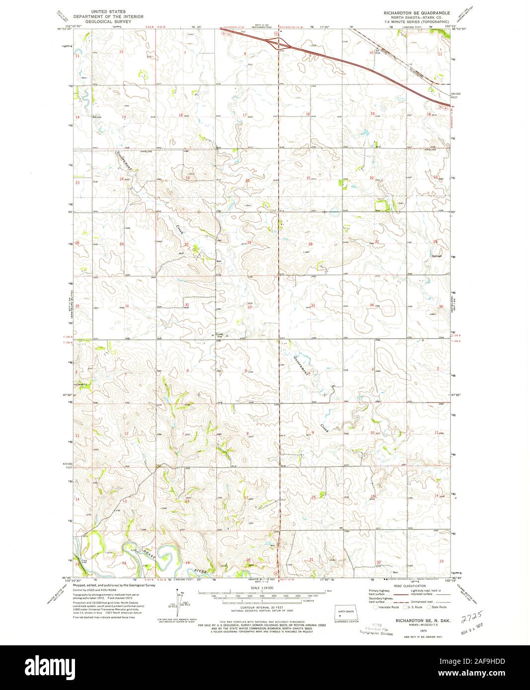 USGS TOPO Map North Dakota ND Richardton SE 284813 1973 24000 Restoration Stock Photo
