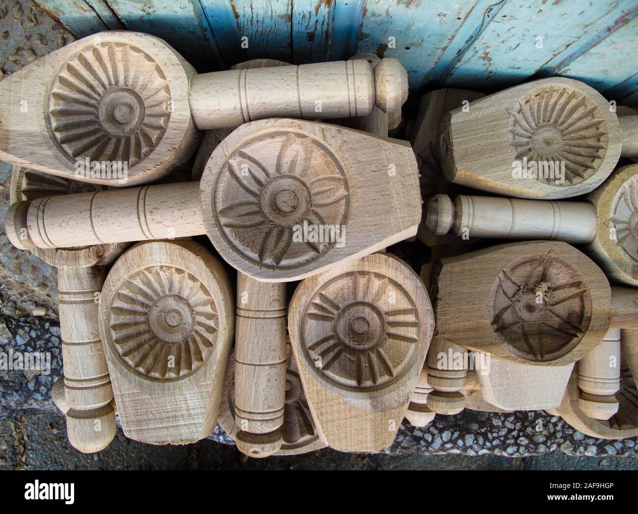 Hand carved wooden Turkish pasta molds for sale in Antakya Stock Photo