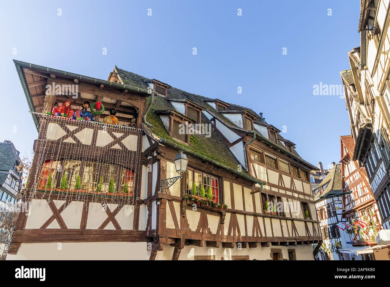 Traditional half-timbered houses in La Petite France with christmas decoration, Strasbourg, Alsace, France Stock Photo